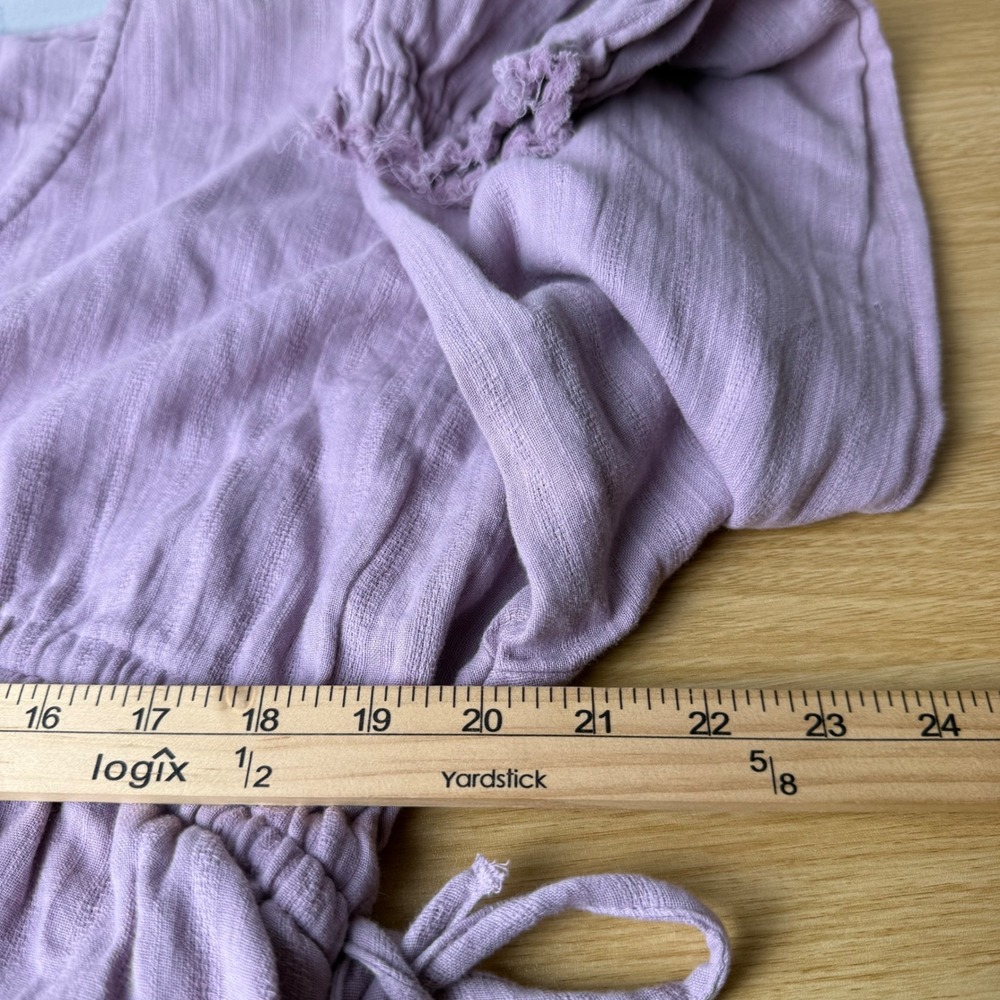 Womens V-Neck Gauze Raw Hem Blouse Large Tie Drawstring Cottagecore Boho Relaxed - Picture 4 of 8